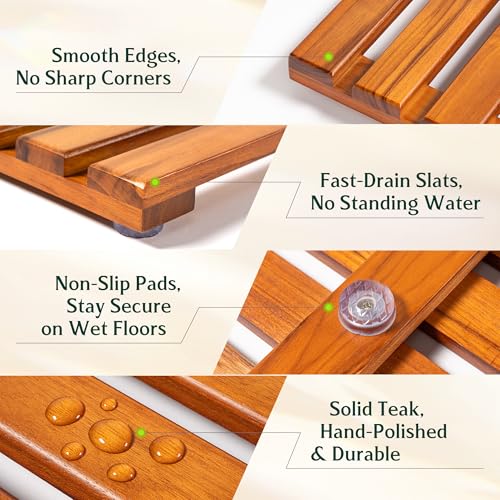 Premium Teak Shower Mat - 24" x 16" Non-Slip Wooden Bath Mat for Bathroom Floor, Fast-Drying Spa-Style Solid Wood Duckboard, Indoor & Outdoor Use - size: 24" x 16" (Rectangular)