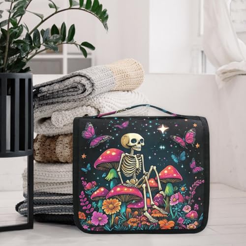 MNSRUU Hanging Toiletry Bag Skeleton Sitting on Mushrooms with Butterflies Travel Makeup bag for Toiletries Portable Travel Toiletry Organizer Cosmetic Bags with Hanging Hook - color: Skeleton A14152