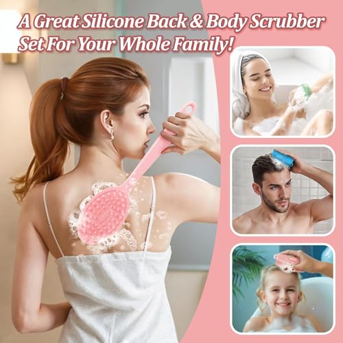 Silicone Back & Body Scrubber Set 2PCS, 13.4'' Gentle Exfoliating Back Scrubber with Dual-Side Head and Non-Slip Handle, Hygienic Silicone Loofah with Soft Bristles and Massage Dots(Pink-2PC) - color: Pink*2