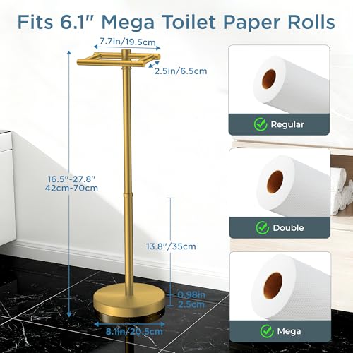 FORIOUS Toilet Paper Holder Stand Adjustable, Freestanding Tissue Roll Holder for Bathroom, Pivoting Design, Durable SUS 304 Stainless Steel Weighted Base Toilet Paper Stand, Storage (Brushed Gold) - color: Brushed Gold