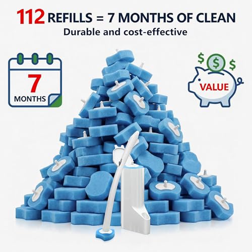 Disposable Toilet Brush, Toilet Bowl Cleaner Wand Kit with 112 Refills | Wall-mounted Toilet Scrubber Kit-16.81" ABS Handle Holder, 112 Sponge Brush Heads for House, Apartment, RV Bathroom Cleaning - color: 1 Pack White Toilet Brush Set