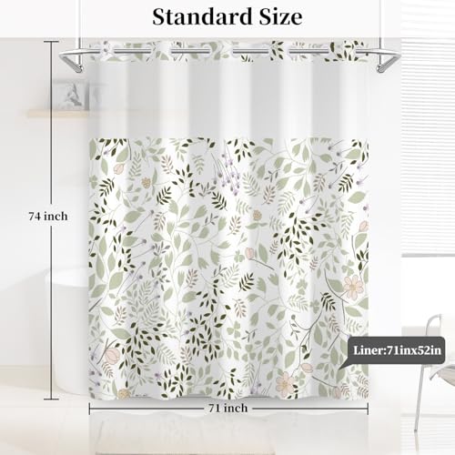 No Hook Botanical Shower Curtain with Snap in Liner, 71x74 Inch | Sage Green Leaf & Blush Floral Shower Curtains for Farmhouse Bathroom, Mesh Top Window Waterproof Fabric Bath Curtain, - color: Light Green Botanical