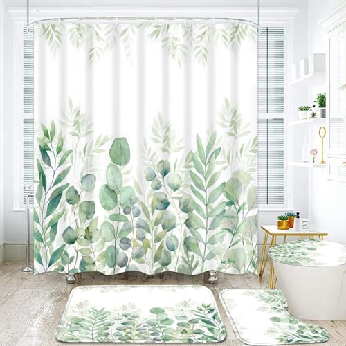 DDQQ 4Pcs Green Bathroom Set Leaves Shower Curtain Set Spring Eucalyptus Leaf Shower Curtain for Bathroom with 12 Hooks, Bathroom Decor Accessories for Bathroom Toilet Lid Cover - color: Green