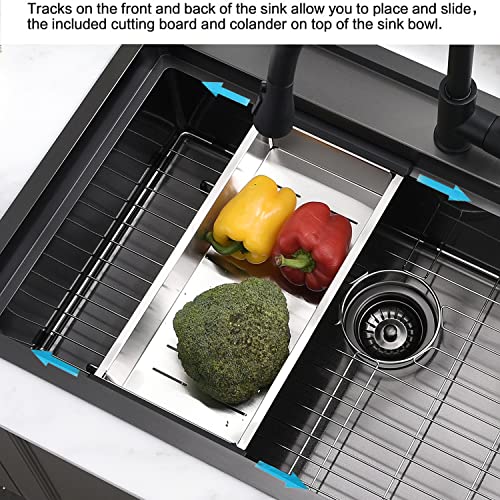 33 Inch Black Drop In Kitchen Sink - VOKIM33 x22 Inch Drop In/To pmount sink Workstation Splash Guard Stainless Steel 16 Gauge 10'' Deep Single Bowl Sink with Cutting Board & Strainer - color: Black（Splash Guard）, size: 33"L x 22"W x 10"D