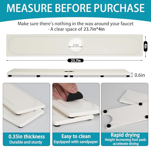 Faucet Mat for Kitchen Sink with Raised Feet, Fast Drying Diatomite Stone Sink Tray, Water Absorbent Faucet & Sink Splash Guard, Prevents Moisture Buildup, Durable Protector for Bathroom Counter - color: White Gray Style 2, size: 23.7" x 4"