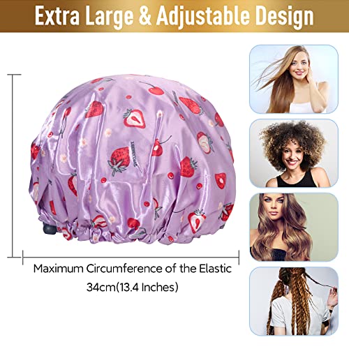 Shower Cap, Adjusable Shower caps for Women, Extra Large Upgrade Double Waterproof Layers Hair Cap, Bath Caps Shower Hat Women Girls Adult Hair Protection Suitable for All Lengths and Thickness - color: Purple Strawberry, size: X-Large