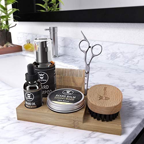 Striking Viking Beard Grooming Kit w Caddy - 7-Piece Set, Sandalwood - Softening Sandalwood Beard Oil & Balm - Brush with Mustache Comb & Scissors - Compact Caddy Organizer & Gifts for Men
