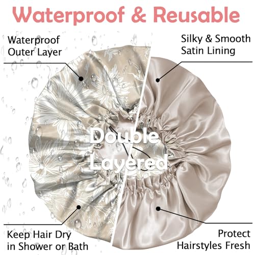 Luxury Shower Cap Satin Silk Lined Adjustable Elastic Reusable Waterproof Shower Bath Cap Cute for Women Girls-Golden Sunflower - color: AK12-Golden Sunflower