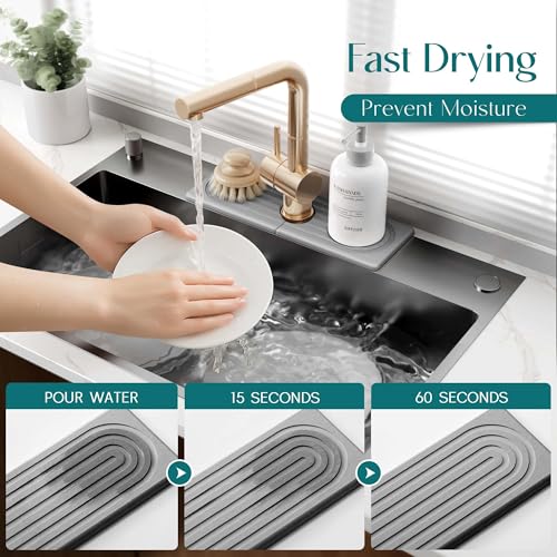 eormoe Faucet Mat for Kitchen Sink - Wider Diatomite Fast Drying Stone Sink Tray, Super Absorbent, Prevents Moisture Buildup - Faucet Splash Guard for Bathroom Counter (Grey, 15x5.3inch) - color: Gray, size: 15" x 5.3"