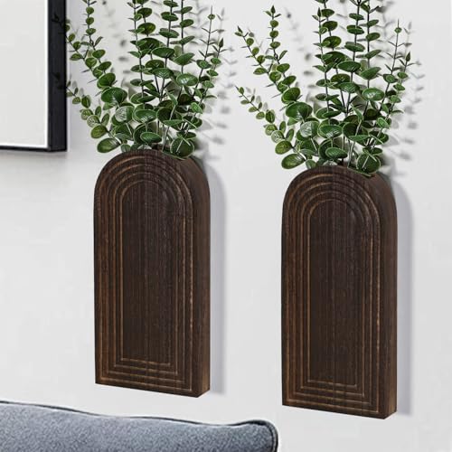 Dnnnii 2 Pack Wooden Wall Vase Set - Dark Brown Finish Modern Farmhouse & Boho Wall Decor for Entryway, Hallway, Bathroom, Living Room, Dining Room, Narrow Spaces - color: Dark Brown