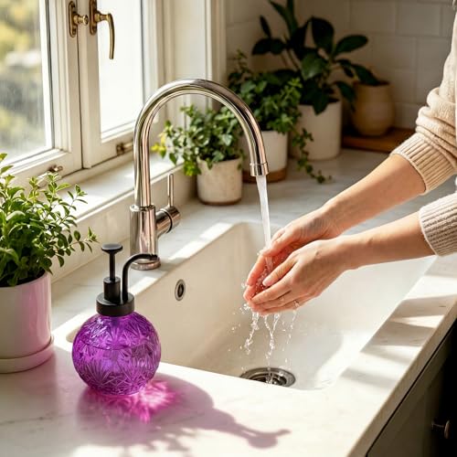 Vintage Glass Soap Dispenser - Rustic Snowflake Design, 8 Oz Refillable Dish Soap Dispenser with Pump for Kitchen and Bathroom, Antique Farmhouse Decor (Purple-Black Pump) - color: Purple-black Pump