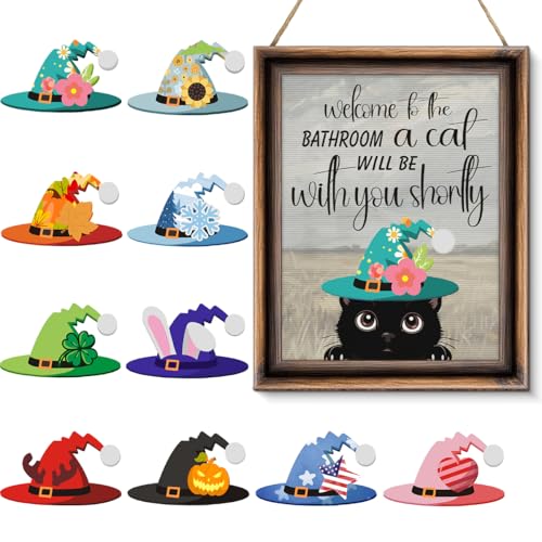 Funny Spring Cat Bathroom Decor - Interchangeable Seasonal Cats Bathroom Hanging Wooden Sign for Restroom Shelves Toilet Tank Decoration(10 Pcs) - Welcome to The Bathroom - color: Cat welcome