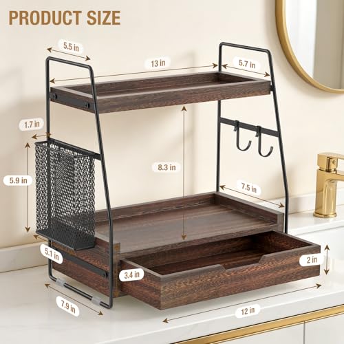 2-Tier Bathroom Counter Organizer with Drawer and Removable Basket, Wood Vanity Countertop Storage for Perfume, Makeup, Skincare, Bathroom Counter Shelf, 13" x 7.9" x 14.5", Dark Brown - color: Dark Brown