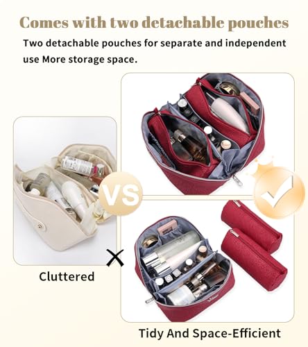BOYATU Travel Makeup Bags Cosmetic Organizer Bag: 3 Pcs Set Large Capacity Make up Bag with Compartments - Waterproof Leather Toiletry Bags with Handle for Women (A-Red) - color: A-Red