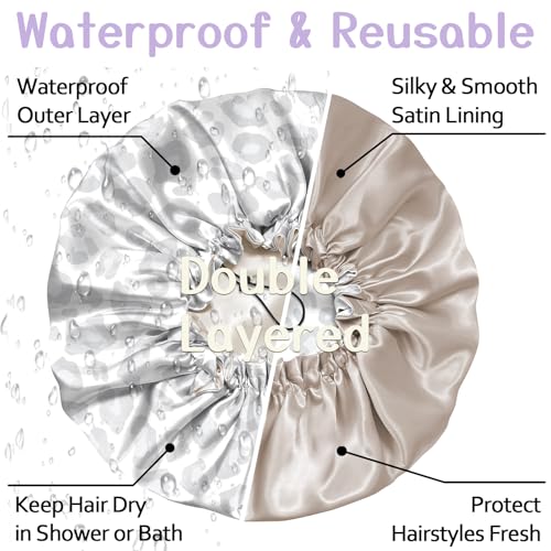 Luxury Shower Cap Silk Satin Lined Waterproof Reusable Adjustable Elastic Dry Hair Bathing Caps Cute for Women Girls-Gray Cheetah Leopard - color: C-20-Gray Cheetah Leopard