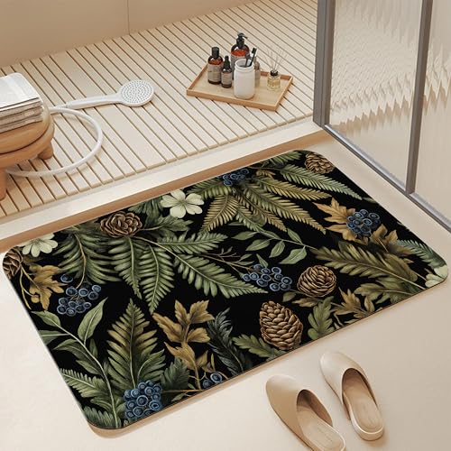 Bath Mats for Bathroom,Green Herb Leave Bathroom Rugs,Forest Berry Pine Cone Diatomaceous Bath Rug Quick Dry, Non Slip Super Absorbent Low Profile Doormat for Home Kitchen Patio 17 X 29.5 Inch - color: Green Herb Leave