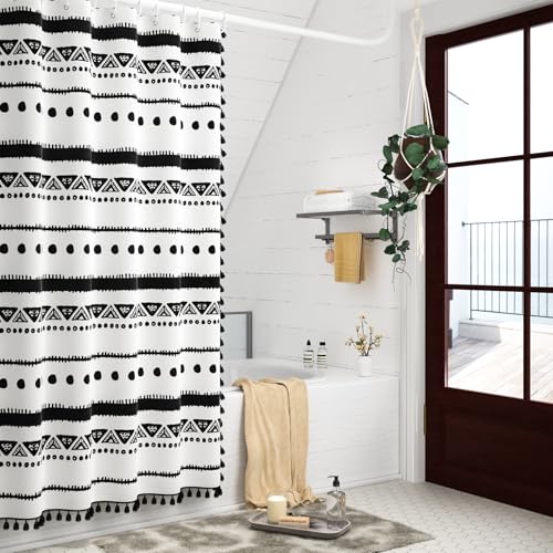 AOFOTO Boho Shower Curtain Black Striped Geometric Pattern Shower Curtains for Bathroom Tassel Bohemian Shower Curtain Modern Bathroom Home Decor with Hooks Waterproof 48x72 Inches - color: Black Dots, size: 48"W x 72"L (Pack of 1)