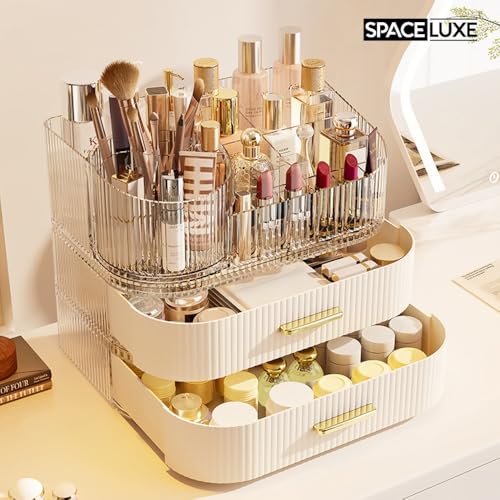 Large Makeup Organizer with Drawers, 360° Rotating Brush Holder | 3-Tier, Cosmetic storage for vanity, skincare, perfume, hair accessories, lipstick and jewelry, Cream White - color: Cream White, size: 3-layer