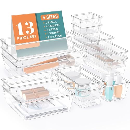 StorMiracle 13 PCS Drawer Organizer Set, 5 Varied Size Bathroom and kitchen Drawer cabinet organizer Trays, Clear Storage Bins for Makeup, Jewelry, Utensils and Gadgets - color: Clear, size: 13 PCS