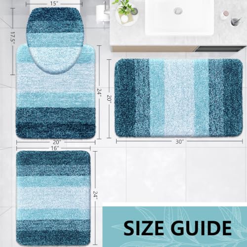 Arotive Microfiber Bathroom Rugs Sets 4 Piece, Extra Soft Absorbent Bath Mats, Machine Wash Dry U-Shaped Contour Rug and Toilet Lid Cover for Bath Tub, Toilet and Shower, Peacock Blue - color: Peacock Blue, size: 30" X 20" + 24" X 16" + 24" X 20" + 17.5"