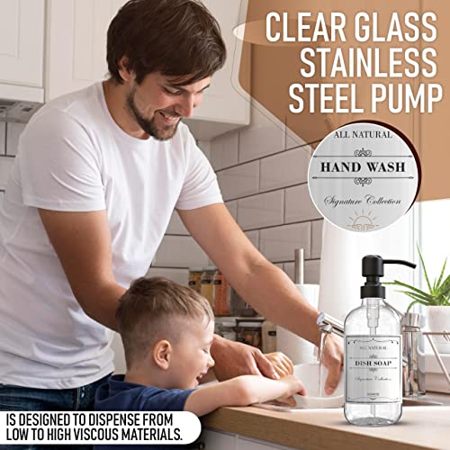 Sunrise Premium 2 Pack Clear Glass Soap Dispenser 16 OZ with Matte Black Stainless Steel Pump, Hand and Dish Soap Dispenser Set for Bathroom and Kitchen Sink with 6 Waterproof Labels - color: Matte Black Ss Pump - Clear Glass