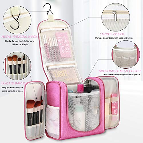 Freegrace Extra Large Hanging Toiletry Bag for Men and Women - Water-Resistant Nylon Travel Bathroom Organizer for Cosmetics, Makeup, and Toiletries - color: Cerise Pink