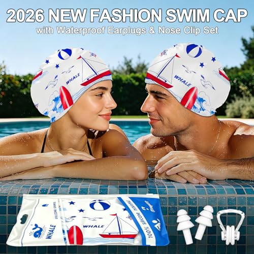 WHALE Extra Large Swim Cap Designed for Men and Women with Thick, Long Hair, Hair Extensions Or Afro-Textured Hair Long-Hair Swim Cap Highly Waterproof to Keep Hair Dry - color: Ocean Waves White