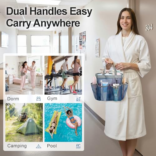 Mesh Shower Caddy Portable - 8 Pockets, S-Hook, Shower Bag for Dorm Camping | 2-Handle, Quick-Dry, Hanging Toiletry Organizer, College Dorm Room Essentials for Girls, Gym, Travel & Bathroom, Navy Blue - color: 1 Pack L Blue, size: L (Classic Dorm Caddy)