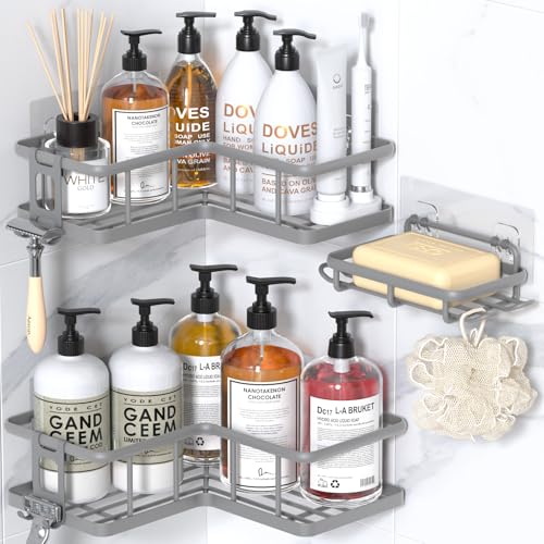 YASONIC Corner Shower Caddy Adhesive, 100% Rustproof Shower Organizer with Soap Holder, No Drill Shower Shelf for Inside Shower, Wall-Mounted Shower Storage for Homes (3 Pack, Grey) - color: Grey