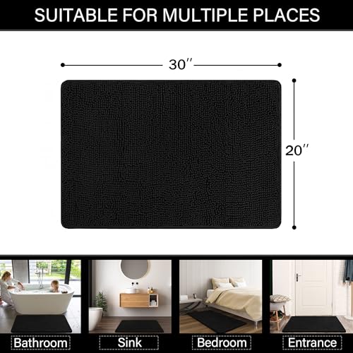 LOCHAS Luxury Bathroom Rug Shaggy Bath Mat 20 x 30 Inch, Washable Non Slip Bath Rugs for Bathroom Shower, Soft Plush Chenille Absorbent Carpets Mats, Black - color: Black, size: 1'8" X 2'6" (20''x30'')