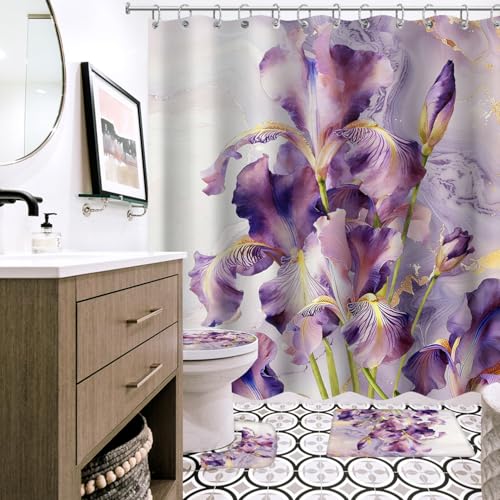 4 Pcs Lavender Watercolor Irises Shower Curtain Sets with Rugs | Purple Botanical Floral Bathroom Set Spring Summer Home Bath Bathtub Decor Durable Curtains Mats for Bathroom 72 In
