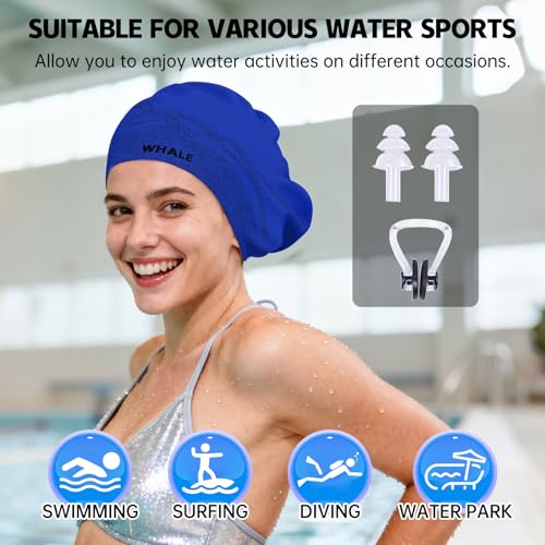 WHALE Extra Large Swim Cap Designed for Men and Women with Thick, Long Hair, Hair Extensions Or Afro-Textured Hair Long-Hair Swim Cap Highly Waterproof to Keep Hair Dry - color: Deep Sea Blue