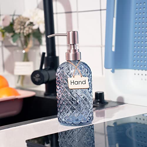 16 oz Diamond Pattern Glass Soap Dispenser, Kitchen and Bathroom Refillable Soap Dispenser with Rust Resistant Stainless Steel Pump for Hand Soap, Lotion Glass Liquid Dispenser (Blue) - color: Blue