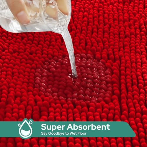 HOMEIDEAS 3 Pieces Red Bathroom Rugs Set, Ultra Soft Non Slip Bath Rug and Absorbent Chenille Bath Mat, Includes U-Shaped Contour Rug, Bath Mat and Toilet Lid Cover, Perfect for Bathroom, Tub - color: Red, size: 20"x32"+U 20"x24"+Cover 18"x21"