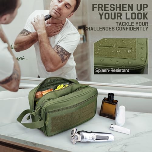 RXW EDC Toiletry Bag for Men, Tactical Dopp Kit, Molle Pouches Compact Travel Organizer for Shaving Shower, Hygiene, Grooming (Includes Dry/Wet Compartment & US Flag Patch) - color: Army Green