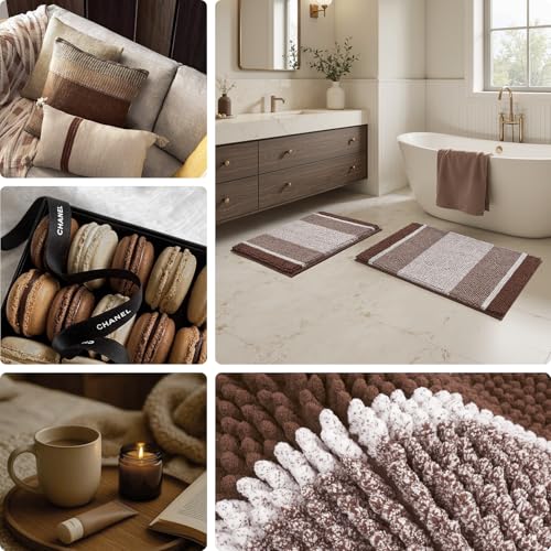 HOMEIDEAS Brown Bathroom Rugs Set, 2 Piece Thick Absorbent Fluffy Striped Chenille Bath Rugs, Non Slip, Soft Shaggy Bath Mats for Brown Bathroom Decor, 20" x 32" Plus 17" x 24" - color: Brown