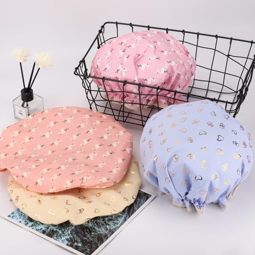 4 Pcs Shower Caps Hat for Women and Girl, Reusable Waterproof Bath Cap Double Waterproof Layers Bird and Heart Pattern - color: 4 Pack - Bird & Heart