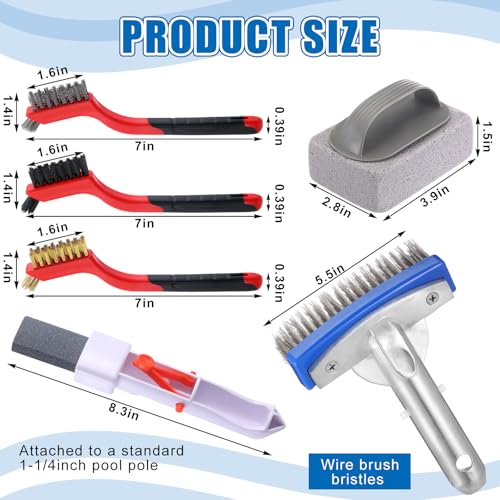 Sliner 6 Pcs Pool Cleaning Kit 5 Inch Stainless Steel Pool Brush Pumice Stone Metal Wire Bristles Srubber Calcium Remover for Swimming Build-up on Tiles, Rust Stains on Concrete Walls