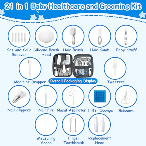 Baby Healthcare and Grooming Kit, 21 in 1 Portable Baby Essentials Kit with Gas Relief Hair Brush Comb Nasal Aspirator for Newborn Boys Girls (Grey White) - style: 21 Kits-Grey White