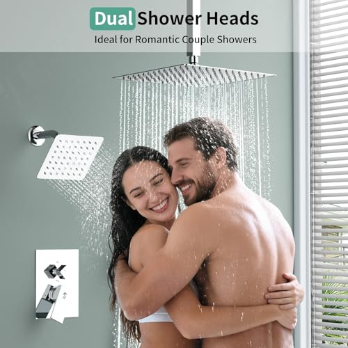 Shower Faucet Set Shower System - SR SUN RISE Polished Chrome Shower Trim Kit with Dual Shower Head, 12'' Ceiling Rainfall 6'' Wall Mount with Handheld Shower for Couples, Complete 6 Diverter Valve - color: Chrome, size: 12 Inch