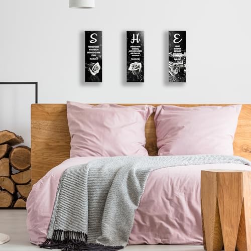 3 Pieces White Bedroom Decor Black And White Rose Women Bedroom Wooden Bathroom Inspirational Office Decor With SHE Religious Words For Kitchen Home(12x Inch) - color: White