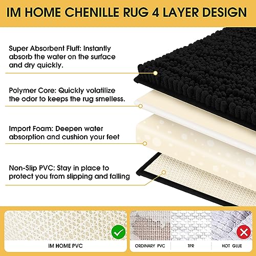 ACCUMTEK Upgrade Luxury Black Bathroom Rug Mat 59"x20", Ultra Soft Thick Absorbent Bath Mats, Non Slip Chenille Toilet Mat for Bathroom, Bedroom, Kitchen, Shower, Tub - color: Black, size: 59" x 20"