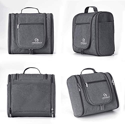 Freegrace Extra Large Hanging Toiletry Bag for Men and Women - Water-Resistant Nylon Travel Bathroom Organizer for Cosmetics, Makeup, and Toiletries - color: Dark Grey