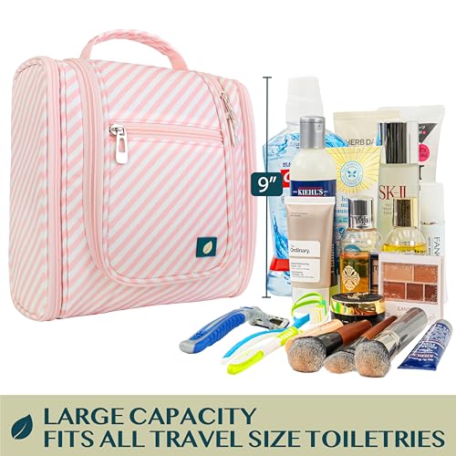 PAVILIA Toiletry Bag Travel Bag for Women Men, Hanging Cosmetic Organizer, Water Resistant Makeup Bag for Accessories Toiletries, Large Travel Essentials Kit (Pink Stripe) - color: Pink Stripe, size: Standard (9x4x9)