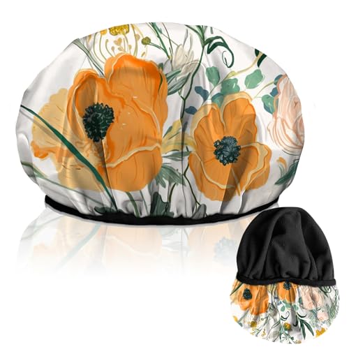 Luxury Shower Cap Terry Lined Reusable Triple Layer Waterproof Hair Elastic Caps Shower Bath Hat for Women Girls Cute Aesthetic-Orange Flower - color: AL1-Orange Flower
