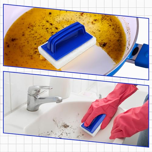 Maxdot 18 Pcs Handled Bath Scrubber Set, 15 Bathroom Scouring Pad 3 Bathtub Scrubber with Handle Non Scratch Soap Scum Remover for Cleaning Sink Shower Tile Swimming Pool Step Corner(Blue and White) - color: Blue and White