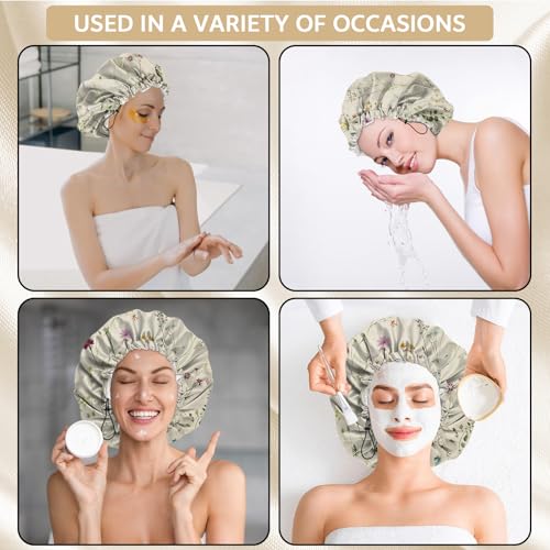 Shower Cap Adjustable Waterproof Double Layer Elastic Reusable Hair Bath Cap Cute Aesthetic for Women Girls-Floral - color: R9-Floral