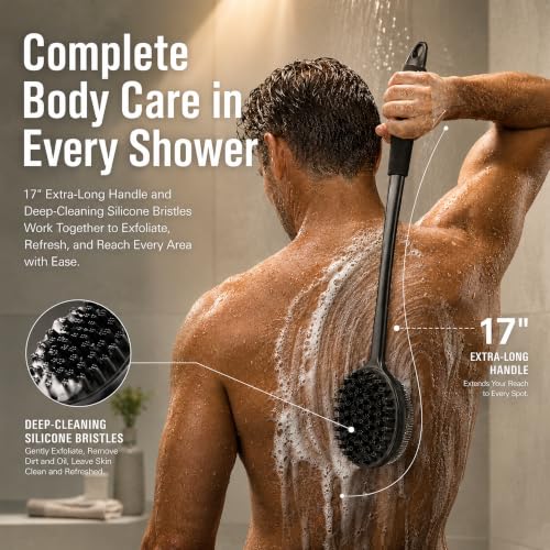 Silicone Back Scrubber for Shower, 17" Lengthen Long Handle Body Brush, Double Sided Shower Brush for Shower Exfoliating and Massage, Can Produce Rich Foam, Non Slip Grip Back Scrubber for Men - color: Black