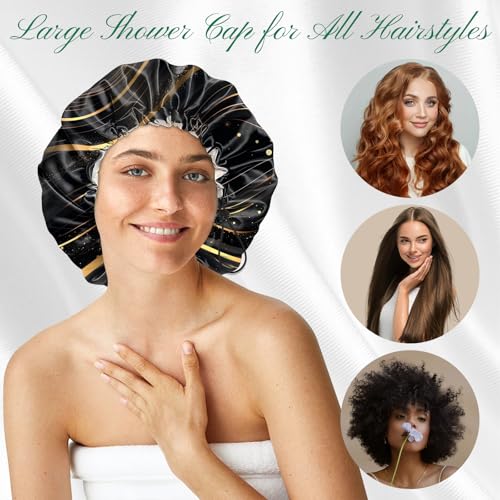 2 PCS Shower Cap Waterproof Double Layer Elastic Adjustable Reusable Hair Bath Caps for Girls Women Cute Aesthetic-Black 2 - color: G12-Black 2