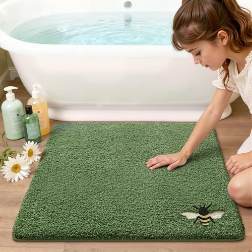 LUMI Green Bathroom Rugs, Cute Bee Mats, Absorbent Soft Square Bath Mat Non-Slip, Machine Washable Quick Dry Luxury Rug for Floor, Shower, Kids Room, Bathtub, Home Decor, 26"x26" - color: A-green Bee, size: 26"x26"(Square)